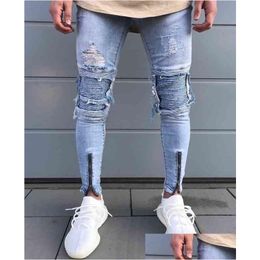 Mens Jeans Men Hip Hop Zipper Ripped Biker Fashion Slim Fit Motorcycle Died Holes Skinny Denim Joggers Pants G0104 Drop Delivery App Dhxnh