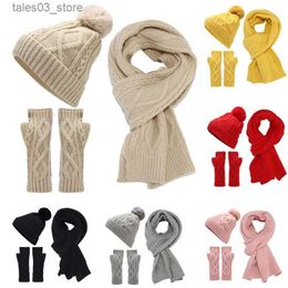 Scarves 3Pcs Winter Twists Knitted Hats Women Thicken Plush Keep Warm Pompom Beanies Fingerless Gloves Neck Warmer Scarf Hat Glove Sets Q231031