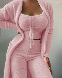 Women's Sleepwear Matching Sets 2023 Autumn Winter Plush Velvet Pajamas Set Crop Top Long Pants Coat 3 Pieces Suit Soft Pyjamas