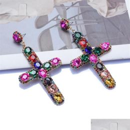 Dangle Chandelier Long Retro Rhinestone Cross Earrings For Women Metal Colorf Crystal Drop Luxury Shiny Jewelrydangle238M Delivery Dhqn1