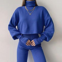 Women's Two Piece Pants Women Casual Long Sleeve Knitted Outfits Fashion Turtleneck Pullover Elastic Waist Pant Suit Elegant Solid Set