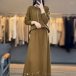 Work Dresses Women's Single Breasted Cardigan Skirt Set Embroidered Long 100 Wool Two-piece Autumn And Winter Warm Sweater Jacket