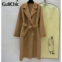 Women's Wool Blends 9.25 GuliChic Women Simple Temperament Double Breasted Design Loose Camel Woolen Coat With Belt 231031