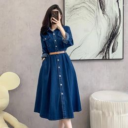 Casual Dresses French Retro Denim Autumn Fashionable Light Mature Style Mid-Length Waist Slimming Single-Breasted Lapel Dress