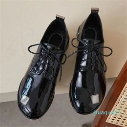Dress Shoes Personalized Design Mixed Color Women Patent Leather Pumps Lace-Up Round Toe Full Genuine Fashion Street