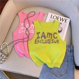 Camisoles Tanks Pink Sleeveless Knitted Halter Vest Women s Summer 2023 Fashion Letter Embroidered Crop Top Outside Wear Tank 231031