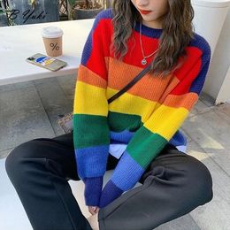 Women's Sweaters Blessyuki Oversized Knitted Rainbow Sweater Women Fashion Stripes Contrast Round Neck Pullover Sweater Casual Loose Cute Jumper 231031