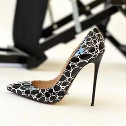 Dress Shoes Elegant Woman Heeled Mixed Color Shallow Patent Leather Oval Shaped Drawing Graffiti Lines Pumps