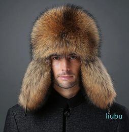 Mens Real Fox Fur and real leather Hat Russian Winter Warm Aviator Ski Earmuffs Cap