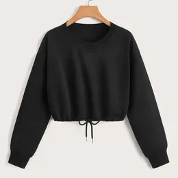 Women's Hoodies Autumn And Winter Fashion Hem Drawstring Elastic Short Pullover Sweatshirt Solid Color Casual Round Neck