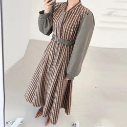 Casual Dresses Clothland Women Vintage Houndstooth Midi Dress Zipper Long Sleeve Belt A Line Plaid One Piece Vestido QD100