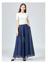 Women's Pants Silk Georgette Blue Natural Waist Oblique Insert Pockets Invisible Side Pull-up Line Decoration Wide-leg Women KE635