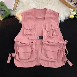 Men's Vests Men Warm Vest Coat Streetwear Cargo With Multi Pockets For Women Hop Style Waistcoat Buckle Closure Unisex Solid