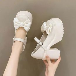 Dress Shoes White Platform High Heels Women Mary Jane Chunky Heel Shoes Bows Elegant Woman Heeled Pumps Round Toe Shoes Women's Wedding Shoe 231030