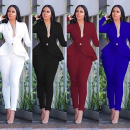 Women's Two Piece Pants Women Winter Women's Set Tracksuit Full Sleeve Ruffles Blazers Pencil Pants Suit Two Piece Set Office Lady Outfits Uniform 231031