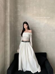 Skirts Midi Long Pleated Skirt With Belt Pocket Boho Vintage Solid White Korean Maxi Y2k Cloth Fall Summer Elegant Fairy Grunge