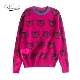 High Quality Runway Designer Cat Print Knitted Sweaters Pullovers Women Autumn Winter Long Sleeve Harajuku Sweet Jumper C-192 2110275F