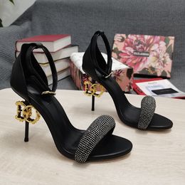 Sandálias de salto stiletto 105mm, salto alto para mulheres, verão, designer de luxo, sapatos de festa de casamento, decoração com strass, tira no tornozelo, tamanhos 35-43