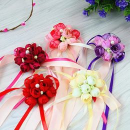 Decorative Flowers 20Pcs Wedding Bridesmaid Wrist Flower Hand DIY Boutonnieres Artificial Silk Rose Bouquet Accessories Shooting Props