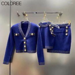 Work Dresses Luxury Designers Two Peice Set For Women Vintage Gold Buttons V-neck Long Sleeve Knitted Sweater And Skirts Sets Outfits