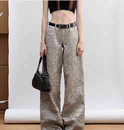 23AW casual pants for women, silver white pleated texture, glossy design, straight tube wide leg pants