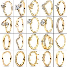 Cluster Rings 2023 14K Gold Plated 925 Silver Ring Zircon Sparkling Princess Wishbone Heart Women Original Fine Jewellery