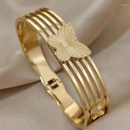 Bangle Flashbuy Chunky Gold Colour Multi-layer Line Butterfly Wide Stainless Steel Bangles Bracelet For Women Wrist Waterproof Jewellery