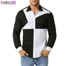 Black White Contrast Shirt Men Fashion Design Mens Hit Colour Dress Shirts Long Sleeve Slim Fit Patchwrok Chemise Homme 2XL 210522283T
