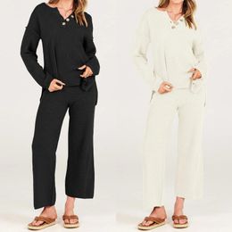Women's Two Piece Pants Women Knit Loungewear Set Causal V-Neck Sweatsuit Matching Lounge Sets Button Long Sleeve Top Solid Daily Wear