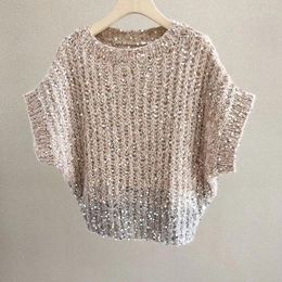 Women's Sweaters Dolman Short Sleeve Sequined Sweater Spring Autumn Soft Gradient Cashmere Knit Pullovers Women Knitwear Tops Jumper Apricot