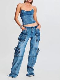 Women's Jeans Baggy High Waisted Straight For Women Spliced Personality Work Pants Streetwear Female Vintage Blue Denim