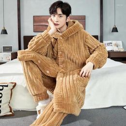 Men's Sleepwear Pajama Sets Winter Thick Warm Flannel Pijamas Coral Velvet Pyjamas Hooded Male Homewear Clothes Suits