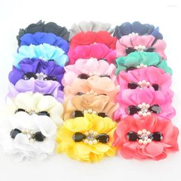 Hair Accessories 100pcs/lot Solid Color Satin Flower Centered With Black Rhinestone Button Girl Headband Dress Hat Decoration TH229