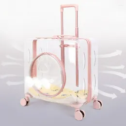 Cat Carriers HDIRXG Transparent PC Pet Trolley Suitcase Dog Outdoor Air Box Reinforced Portable Bag Cherry Pink