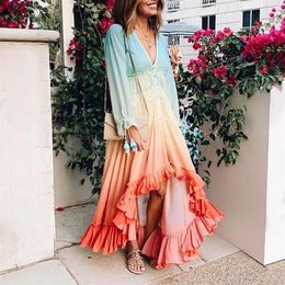 Casual Dresses Women Summer Boho Maxi Dress Rainbow Gradiented Long Sleeve Fashion Beach Button Fold Loose Vestidos268B