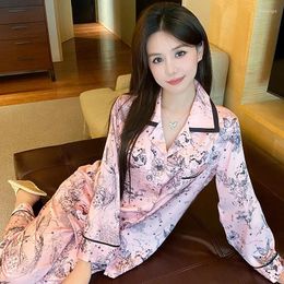 Women's Sleepwear Lapel Print Pyjamas Set Women Long Sleeve Shirt Trousers PJS Suit Spring Lingerie Casual Rayon 2Pcs Home Clothes