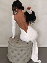 Women Backless Sexy Dress White Long Sleeve Ruched Bodycon Autumn Elegant Ladies Party Wedding Dresses