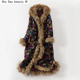 Women's Down Parkas Winter Vintage Ethnic Style Women Floral Cotton-Padded Coat Long Thick Large Fur Collar Loose Hooded Padded Jacket 231030