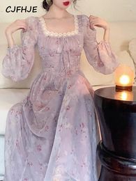 Casual Dresses CJFHJE Summer Korean Elegant Lady Floral Dress Women Purple Long Sleeve Evening Party Midi Apricot Fairy One Piece