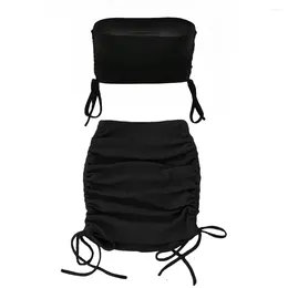 Work Dresses 2 Piece Set Women Drawstring Short Skirt Tube Top Sexy Strapless And Mini Suit Nightclub Party Wear