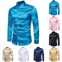 Men's Casual Shirts Men Shirt Silk Satin Luxury Smooth Mens Solid Tuxedo Business Slim Fit Blouse Shiny Gold Wedding Dress 231031