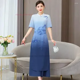 Ethnic Clothing 2023 Vietnam Aodai Dress Women National Gradient Colour Pants Set Flower Print Qipao Chinese Banquet Evening Vestido