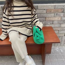 Clothing Sets Girls Casual Simple Suit High necked Hoodie Autumn and Winter Children s Wear Korean Version Striped Wide Leg Pants 231031