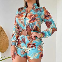 Women's Tracksuits Shirt Set Printed Long Sleeve Shorts Fashion Two Piece Lady Stand Collar Blouse And Suits With Belt