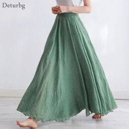 Skirts High Quality Cotton Linen Maxi Skirt Womens Casual Elastic High Waist Pleated A-Line Beach Skirts Boho Saia Feminina Faldas Jupe 231030