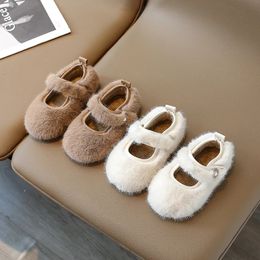First Walkers Winter Girl s Flat Shoes Fluffy Beige Khaki Round Toe Shallow Kids Mary Janes Warm 21 30 Leisure Toddler Children Shoe 231031