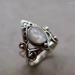 Cluster Rings Vintage Synthetic Moonstone For Women Boho Tribal Antique Silver Colour Square White Stone Wedding Band Anniversary Ring
