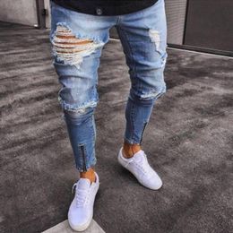 Men's Jeans Slim Fit Ripped Men Streetwear Distressed Cool Denim Joggers Knee Holes Washed Destroyed Pants With Zipper256u