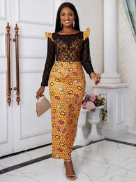 Casual Dresses Elegant Women Printed Long Evening Party O Neck Sleeves See Through Lace Patchwork Vintage African Large Size Gowns