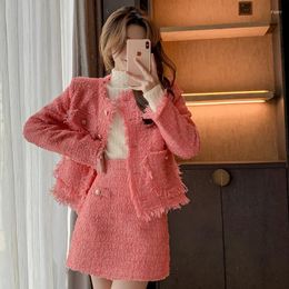 Work Dresses Orange Tweed Skirt Set For Women Autumn Small Fragnance Style 2 Pieces Suit Arrival Jacket Tops Mini Skirts Outwear